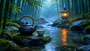 竹林雨景溪流