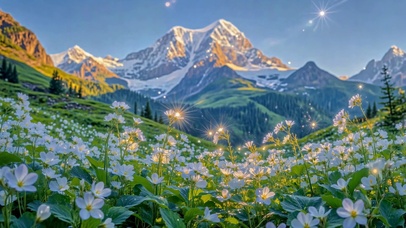 雪山花海晨光