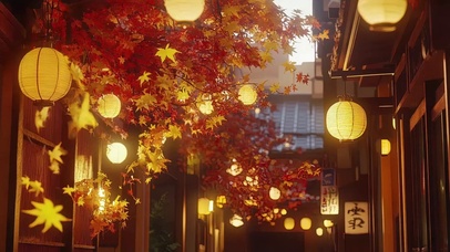 朦胧雨后秋日古城街景