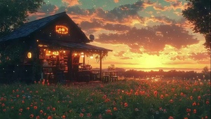 黄昏落日花海草地商店