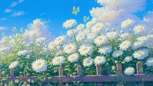 蓝天蝴蝶花丛