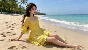海边坐在沙滩上橙黄衣裙的美女
