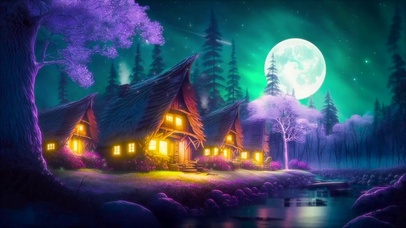 唯美湖边夜晚小屋