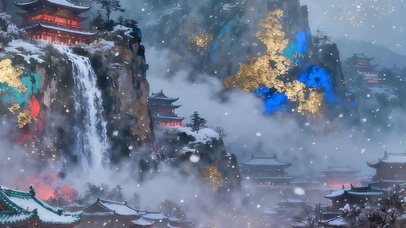 古风夜景雪山双屏