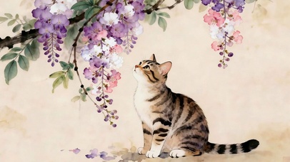紫藤花下猫