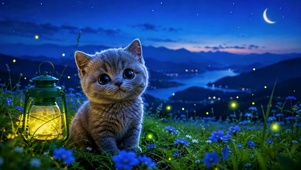 夜空山间蓝花可爱小猫