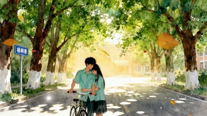 梧桐巷的单车约定林荫下青涩情侣