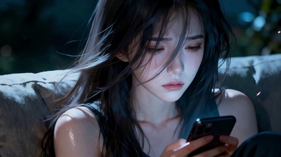 深夜失恋女孩看着手机默默流泪