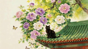 屋顶牡丹花猫咪