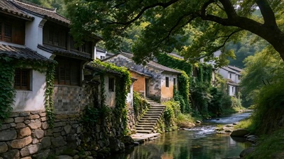 清溪绕古宅
