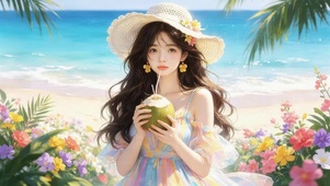 夏日海边鲜花少女
