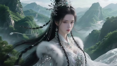云雾缭绕连绵青山仙境修仙美女