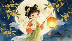 古风中秋提灯玉兔少女