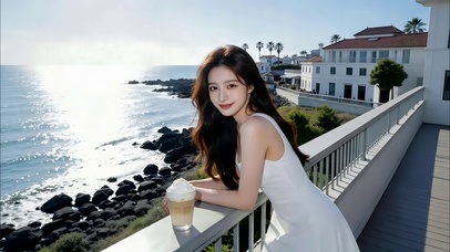 海边别墅阳台看海的长发美女