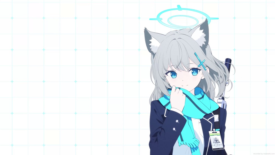 戴光环的灰发猫耳少女，身着制服戴亮蓝围巾，背景是浅淡浅蓝色方格网格。