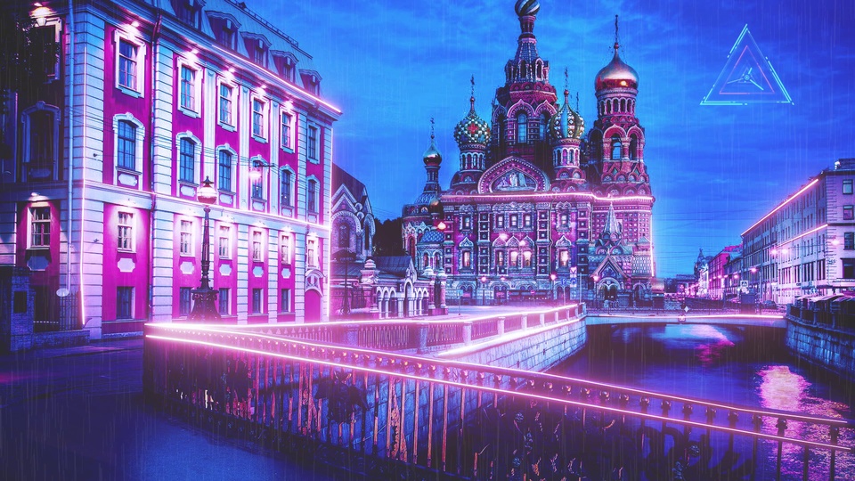 赛博朋克雨夜河畔夜景，复古洋葱穹顶教堂与沿岸古典建筑被紫蓝粉霓虹笼罩，河面倒映霓虹彩光。