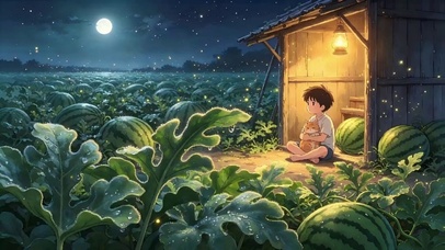 星空下西瓜地的猫与少年