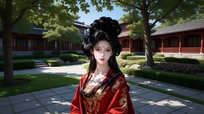 红衣唐装高发髻古风庭院美女1