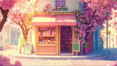 粉色春日浪漫街角商店
