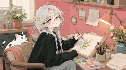 画室少女与可爱猫咪