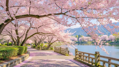 湖岸春日樱花路