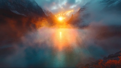 日出迷雾高山湖泊