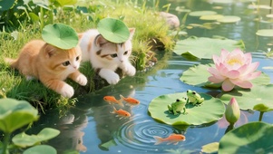 荷塘戏鱼的小奶猫