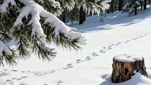 阳光冬日积雪松林