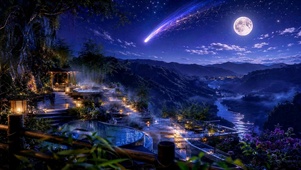 流星满月山谷温泉夜景
