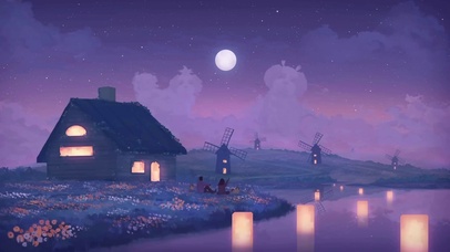 治愈插画夜晚湖边小屋