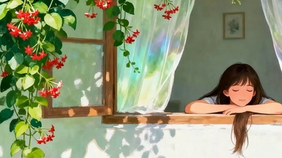 欣赏窗外风景女孩带鱼屏