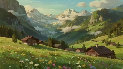 清新绿色山坡小屋