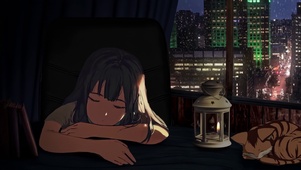 城市雨夜睡觉的女孩