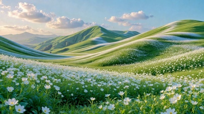 绿野白花山峦
