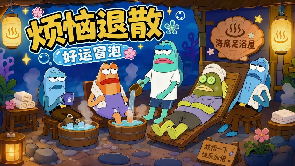 海底足浴屋卡通插画，拟人化海洋角色在店内泡脚放松