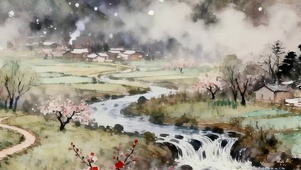 雪景古风树木河流景色带鱼屏双屏