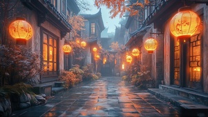 古镇秋日雨夜街景