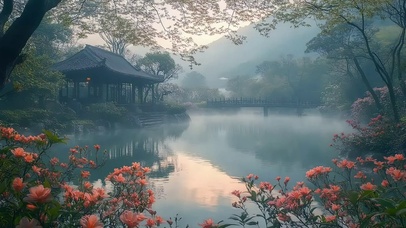 春日午后傍晚湖畔古亭