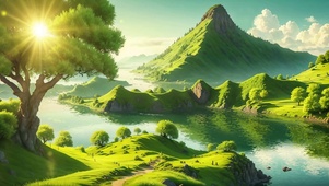 绿色湖畔夕阳