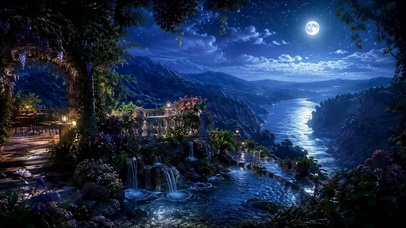 梦幻月夜河畔山谷风景