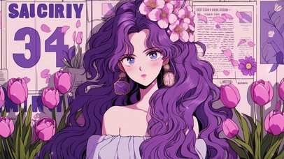 漂亮的紫发郁金香动漫插画女孩