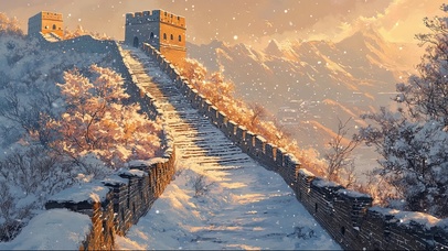 冬日大雪黄昏长城风景