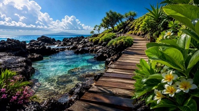 清新治愈海滨栈道风景