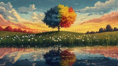 唯美湖泊草地黄昏大树