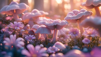 粉色梦幻蘑菇花朵森林