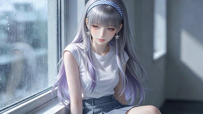 雨天窗边紫发美少女