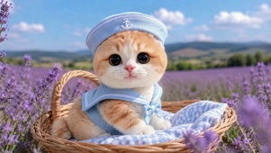 熏衣草花田的可爱小橘猫