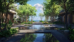 夏日蓝天庭院池塘建筑