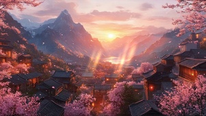 古镇春日粉樱落日夕阳