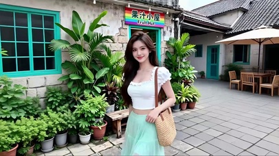 小院果汁小屋旁的甜美笑容美女